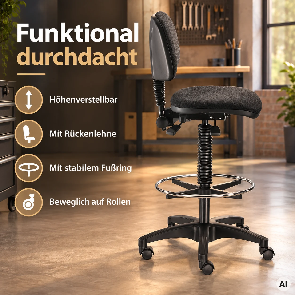 Industry 3 - Arbeitshocker mit Rückenlehne und Fußring